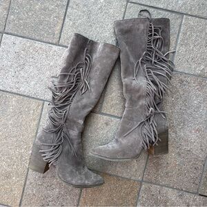 Gray Heeled Knee-High Boots with Fringe